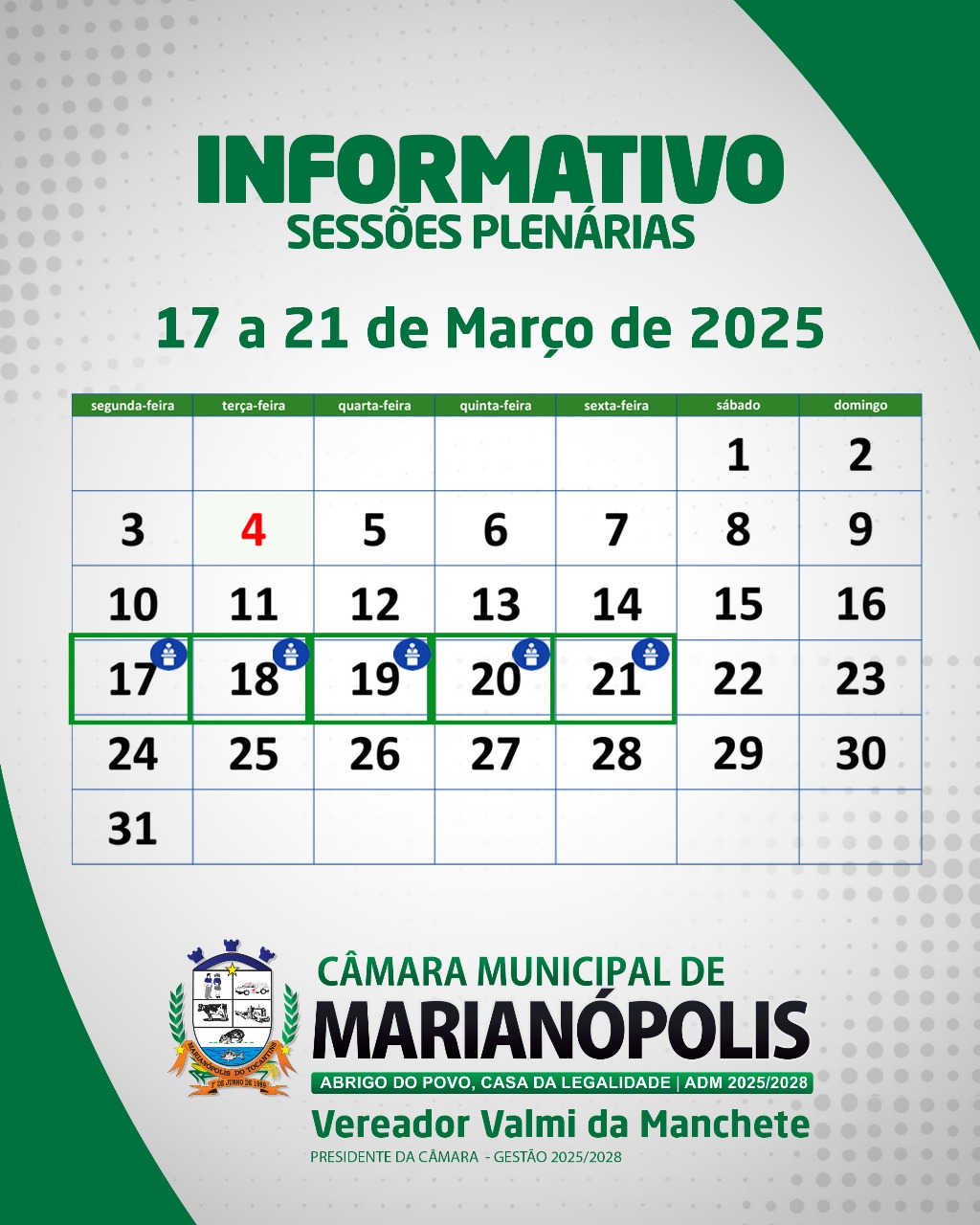 Câmara Municipal de Marianópolis convida população para a Semana de Sessões Ordinárias